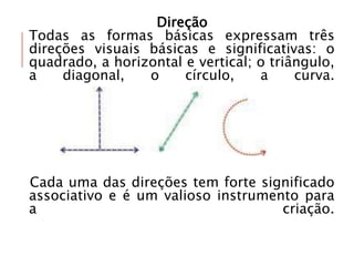 Direção
Todas as formas básicas expressam três
direções visuais básicas e significativas: o
quadrado, a horizontal e vertical; o triângulo,
a diagonal, o círculo, a curva.
Cada uma das direções tem forte significado
associativo e é um valioso instrumento para
a criação.
 