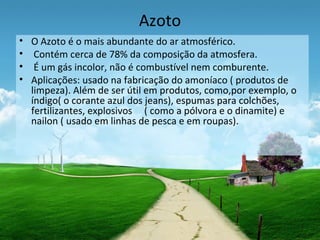 Azoto
• O Azoto é o mais abundante do ar atmosférico.
• Contém cerca de 78% da composição da atmosfera.
• É um gás incolor, não é combustível nem comburente.
• Aplicações: usado na fabricação do amoníaco ( produtos de
limpeza). Além de ser útil em produtos, como,por exemplo, o
índigo( o corante azul dos jeans), espumas para colchões,
fertilizantes, explosivos ( como a pólvora e o dinamite) e
nailon ( usado em linhas de pesca e em roupas).
 