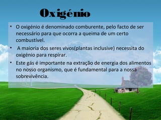 Oxigénio
• O oxigénio é denominado comburente, pelo facto de ser
necessário para que ocorra a queima de um certo
combustível.
• A maioria dos seres vivos(plantas inclusive) necessita do
oxigénio para respirar.
• Este gás é importante na extração de energia dos alimentos
no nosso organismo, que é fundamental para a nossa
sobrevivência.
 