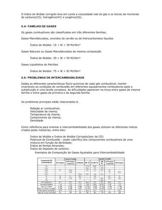 O índice de Wobbe corrigido leva em conta a viscosidade real do gás e os teores de monóxido
de carbono(CO), hidrogênio(H2) e oxigênio(O2).


5.4- FAMÍLIAS DE GASES

Os gases combustíveis são classificados em três diferentes famílias;

Gases Manufaturados, oriundos do carvão ou de hidrocarbonetos líquidos

       Índice de Wobbe: 19 < W < 39 MJ/Nm³

Gases Naturais ou Gases Manufaturados de mesma composição

       Índice de Wobbe: 39 < W < 59 MJ/Nm³

Gases Liqüefeitos de Petróleo

       Índice de Wobbe: 75 < W < 92 MJ/Nm³

5.5- PROBLEMAS DE INTERCAMBIABILIDADE

Dadas as diferentes características físico-químicas de cada gás combustível, manter
invariáveis as condições de combustão em diferentes equipamentos combustores após a
substituição é uma tarefa complexa. As dificuldades aparecem na troca entre gases de mesma
família e entre gases da primeira e da segunda família.


Os problemas principais estão relacionados à:

       Relação ar combustível;
       Velocidade da chama;
       Temperatura da chama;
       Comprimento da chama;
       Densidade

Como referência para orientar a intercambiabilidade dos gases utilizam-se diferentes índices
criados pelas indústrias, entre eles:

       Índice de Wobbe e Índice de Wobbe Corrigido(teor de CO)
       Potencial de Combustão - poder calorífico dos componentes combustíveis de uma
       mistura em função da densidade;
       Índice de Pontas Amarelas;
       Índice de Depósito de carbono;
           Exemplos de Composição de Gases Ajustados para Intercambiabilidade
 