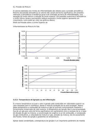 b). Pressão da Mistura

O valores tabelados dos limites de inflamabilidade são obtidos para a pressão atmosférica.
Próximo da pressão atmosférica os valores não variam de forma significativa. Em pressões
inferiores a atmosférica a tendência geral é de contração da faixa de inflamabilidade, com
elevação do limite inferior e redução do limite superior. Em pressões superiores à atmosférica
o limite inferior tende a permanecer estável enquanto o limite superior apresenta um
crescimento, como pode ser visto nos gráficos abaixo;
Efeito da Pressão sobre o Limite Superior de

Inflamabilidade da Mistura Ar Gás




3.2.2- Temperatura de Ignição ou de Inflamação

É a menor temperatura na qual o calor é gerado pela combustão em velocidade superior ao
calor dissipado para a vizinhança, dando à mistura condições de se auto-propagar. Abaixo
desta temperatura a combustão da mistura ar gás só ocorrerá continuamente mediante o
fornecimento ininterrupto de calor externo. A temperatura de ignição não é uma propriedade
fixa de um gás pois varia de forma significativa com parâmetros como o excesso de ar, a taxa
de diluição do gás na mistura, a concentração de oxigênio no ar de combustão, a composição
do gás combustível, a velocidade da mistura ar gás, pressão da mistura, leis do escoamento
dos fluidos, fontes de ignição e gradientes de temperatura.

Apesar desta variabilidade, a temperatura de ignição é um importante parâmetro de medida
 