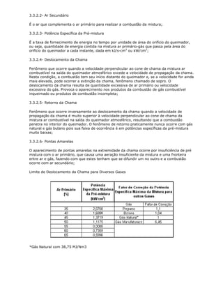 3.3.2.2- Ar Secundário

É o ar que complementa o ar primário para realizar a combustão da mistura;

3.3.2.3- Potência Específica da Pré-mistura

É a taxa de fornecimento de energia no tempo por unidade de área do orifício do queimador,
ou seja, quantidade de energia contida na mistura ar primário-gás que passa pela área do
orifício do queimador a cada instante, dada em kJ/s-cm2 ou kW/cm2;

3.3.2.4- Deslocamento da Chama

Fenômeno que ocorre quando a velocidade perpendicular ao cone de chama da mistura ar
combustível na saída do queimador atmosférico excede a velocidade de propagação da chama.
Nesta condição, a combustão tem seu início distante do queimador e, se a velocidade for ainda
mais elevada, pode ocorrer a extinção da chama, fenômeno chamado de sopro. O
deslocamento da chama resulta de quantidade excessiva de ar primário ou velocidade
excessiva do gás. Provoca o aparecimento nos produtos da combustão de gás combustível
inqueimado ou produtos de combustão incompleta;

3.3.2.5- Retorno da Chama

Fenômeno que ocorre inversamente ao deslocamento da chama quando a velocidade de
propagação da chama é muito superior à velocidade perpendicular ao cone de chama da
mistura ar combustível na saída do queimador atmosférico, resultando que a combustão
penetra no interior do queimador. O fenômeno de retorno praticamente nunca ocorre com gás
natural e gás butano pois sua faixa de ocorrência é em potências específicas da pré-mistura
muito baixas;

3.3.2.6- Pontas Amarelas

O aparecimento de pontas amarelas na extremidade da chama ocorre por insuficiência de pré
mistura com o ar primário, que causa uma aeração insuficiente da mistura e uma fronteira
entre ar e gás, fazendo com que estes tenham que se difundir um no outro e a combustão
ocorre com ar secundário;

Limite de Deslocamento da Chama para Diversos Gases




*Gás Natural com 38,75 MJ/Nm3
 