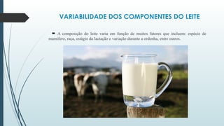 VARIABILIDADE DOS COMPONENTES DO LEITE
 A composição do leite varia em função de muitos fatores que incluem: espécie de
mamífero, raça, estágio da lactação e variação durante a ordenha, entre outros.
 