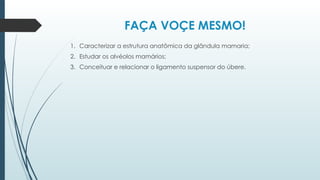 FAÇA VOÇE MESMO!
1. Caracterizar a estrutura anatômica da glândula mamaria;
2. Estudar os alvéolos mamários;
3. Conceituar e relacionar o ligamento suspensor do úbere.
 