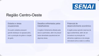 Região Centro-Oeste
Estados e áreas
ocupacionais
Os quatro estados possuem
grande destaque na agropecuária,
com a produção de grãos e criação
de gado.
Desafios enfrentados pelos
trabalhadores
A região é fortemente afetada pela
seca e queimadas, além de possuir
baixa densidade populacional em
algumas áreas.
Potencial de
desenvolvimento econômico
A região possui grande reservas de
água subterrânea, além de ser
inovadora na produção de
alimentos orgânicos e de energia
renovável como a solar e a eólica.
 