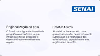 Regionalização do país
O Brasil possui grande diversidade
geográfica e econômica, o que
influencia em sua ocupação e
desenvolvimento em diferentes
regiões.
Desafios futuros
Ainda há muito a ser feito para
garantir a inclusão, desenvolvimento
sustentável e a valorização dos
trabalhadores, especialmente nas
regiões mais carentes.
 