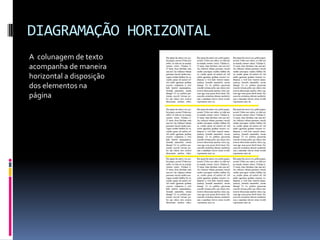 DIAGRAMAÇÃO HORIZONTAL
A colunagem de texto
acompanha de maneira
horizontal a disposição
dos elementos na
página
 