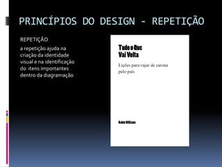 PRINCÍPIOS DO DESIGN - REPETIÇÃO
REPETIÇÃO
a repetição ajuda na
criação da identidade
visual e na identificação
do itens importantes
dentro da diagramação
 