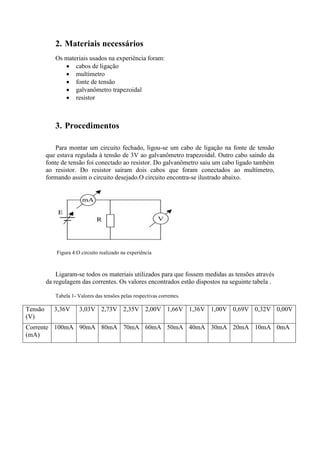 2. Materiais necessários
Os materiais usados na experiência foram:
 cabos de ligação
 multímetro
 fonte de tensão
 galvanômetro trapezoidal
 resistor

3. Procedimentos
Para montar um circuito fechado, ligou-se um cabo de ligação na fonte de tensão
que estava regulada à tensão de 3V ao galvanômetro trapezoidal. Outro cabo saindo da
fonte de tensão foi conectado ao resistor. Do galvanômetro saiu um cabo ligado também
ao resistor. Do resistor saíram dois cabos que foram conectados ao multímetro,
formando assim o circuito desejado.O circuito encontra-se ilustrado abaixo.

Figura 4:O circuito realizado na experiência

Ligaram-se todos os materiais utilizados para que fossem medidas as tensões através
da regulagem das correntes. Os valores encontrados estão dispostos na seguinte tabela .
Tabela 1- Valores das tensões pelas respectivas correntes.

Tensão
(V)

3,36V

3,03V 2,73V 2,35V 2,00V 1,66V 1,36V 1,00V 0,69V 0,32V 0,00V

Corrente 100mA 90mA 80mA 70mA 60mA 50mA 40mA 30mA 20mA 10mA 0mA
(mA)

 