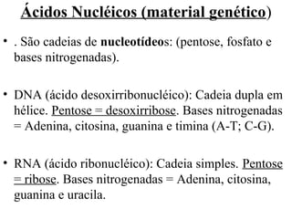 Ácidos Nucléicos (material genético)
• . São cadeias de nucleotídeos: (pentose, fosfato e
  bases nitrogenadas).

• DNA (ácido desoxirribonucléico): Cadeia dupla em
  hélice. Pentose = desoxirribose. Bases nitrogenadas
  = Adenina, citosina, guanina e timina (A-T; C-G).

• RNA (ácido ribonucléico): Cadeia simples. Pentose
  = ribose. Bases nitrogenadas = Adenina, citosina,
  guanina e uracila.
 