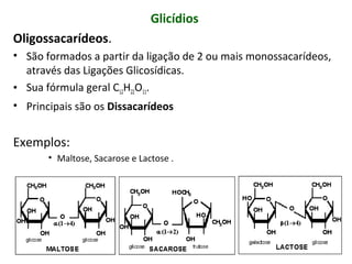 Glicídios
Oligossacarídeos.
• São formados a partir da ligação de 2 ou mais monossacarídeos,
através das Ligações Glicosídicas.
• Sua fórmula geral C12H22O11.
• Principais são os Dissacarídeos
Exemplos:
• Maltose, Sacarose e Lactose .
 