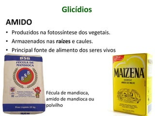 Glicídios
AMIDO
• Produzidos na fotossíntese dos vegetais.
• Armazenados nas raízes e caules.
• Principal fonte de alimento dos seres vivos
Fécula de mandioca,
amido de mandioca ou
polvilho
 