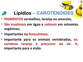 • PIGMENTOS vermelhos, laranja ou amarelo;
• São insolúveis em água e solúveis em solventes
orgânicos;
• Importantes na fotossíntese;
• Importante para os animais vertebrados, ex.
caroteno laranja é precursor da vit. A,
importante para a visão.
LipídiosLipídios – CAROTENÓIDES
 