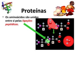 ProteínasProteínas
• Os aminoácidos são unidos
entre si pelas ligações
peptídicas.
 