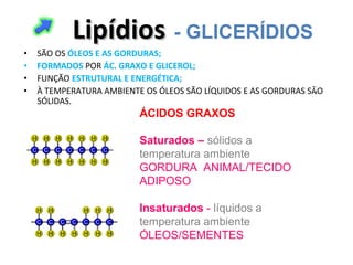 • SÃO OS ÓLEOS E AS GORDURAS;
• FORMADOS POR ÁC. GRAXO E GLICEROL;
• FUNÇÃO ESTRUTURAL E ENERGÉTICA;
• À TEMPERATURA AMBIENTE OS ÓLEOS SÃO LÍQUIDOS E AS GORDURAS SÃO
SÓLIDAS.
ÁCIDOS GRAXOS
Saturados – sólidos a
temperatura ambiente
GORDURA ANIMAL/TECIDO
ADIPOSO
Insaturados - líquidos a
temperatura ambiente
ÓLEOS/SEMENTES
LipídiosLipídios - GLICERÍDIOS
 