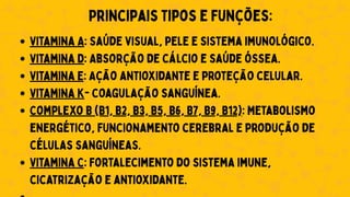 Vitamina A: Saúde visual, pele e sistema imunológico.
Vitamina D: Absorção de cálcio e saúde óssea.
Vitamina E: Ação antioxidante e proteção celular.
Vitamina K- Coagulação sanguínea.
Complexo B (B1, B2, B3, B5, B6, B7, B9, B12): Metabolismo
energético, funcionamento cerebral e produção de
células sanguíneas.
Vitamina C: Fortalecimento do sistema imune,
cicatrização e antioxidante.
Principais Tipos e Funções:
 