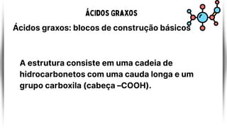 Ácidos Graxos
Ácidos graxos: blocos de construção básicos
A estrutura consiste em uma cadeia de
hidrocarbonetos com uma cauda longa e um
grupo carboxila (cabeça –COOH).
 