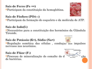 Sais de Ferro (Fe ++) 
Participam da constituição da hemoglobina. 
Sais de Fósforo (PO4---) 
Participam da formação do esqueleto e da molécula de ATP. 
Sais de Iodo(I-) 
Necessários para a constituição dos hormônios da Glândula 
Tireoide. 
Sais de Potássio (K+), Sódio (Na+) 
Regulação osmótica das células , condução dos impulsos 
nervosos nos neurônios. 
Sais de Flúor (F-) 
Processo de mineralização do esmalte do dente, inibe ação 
de bactérias. 
 