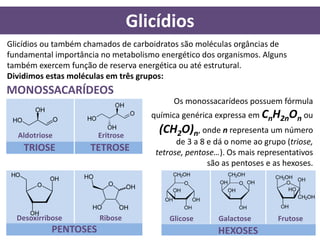 Glicídios
Glicídios ou também chamados de carboidratos são moléculas orgâncias de
fundamental importância no metabolismo energético dos organismos. Alguns
também exercem função de reserva energética ou até estrutural.
Dividimos estas moléculas em três grupos:
MONOSSACARÍDEOS
                                           Os monossacarídeos possuem fórmula
                                     química genérica expressa em CnH2nOn ou

  Aldotriose           Eritrose
                                       (CH2O)n, onde n representa um número
                                            de 3 a 8 e dá o nome ao grupo (triose,
    TRIOSE           TETROSE          tetrose, pentose…). Os mais representativos
                                                     são as pentoses e as hexoses.




  Desoxirribose        Ribose            Glicose       Galactose        Frutose
           PENTOSES                                    HEXOSES
 