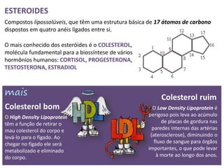 ESTEROIDES
Compostos lipossolúveis, que têm uma estrutura básica de 17 átomos de carbono
dispostos em quatro anéis ligados entre si.

O mais conhecido dos esteróides é o COLESTEROL,
molécula fundamental para a biossíntese de vários
hormônios humanos: CORTISOL, PROGESTERONA,
TESTOSTERONA, ESTRADIOL



                                                          Colesterol ruim
Colesterol bom                                         O Low Density Lipoprotein é
O High Density Lipoprotein                           perigoso pois leva ao acúmulo
têm a função de retirar o                                   de placas de gordura nas
mau colesterol do corpo e                              paredes internas das artérias
levá-lo para o fígado. Ao                             (aterosclerose), diminuindo o
chegar no fígado ele será                               fluxo de sangue para órgãos
metabolizado e eliminado                             importantes, o que pode levar
do corpo.                                                à morte ao longo dos anos.
 