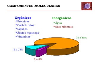  Água
 Sais Minerais
 Proteínas
 Carboidratos
 Lipídios
 Ácidos nucleicos
 Vitaminas
InorgânicosOrgânicos
75 a 85%
12 a 23%
2 a 3%
COMPONENTES MOLECULARES
 