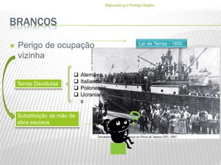BRANCOS
 Perigo de ocupação
vizinha
Terras Devolutas
 Alemães
 Italianos
 Poloneses
 Ucraniano
s
Substituição da mão de
obra escrava
Elaborado por Rodrigo Baglini
 