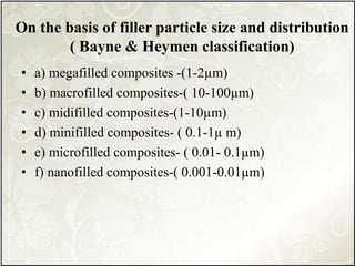 On the basis of filler particle size and distribution
( Bayne & Heymen classification)
• a) megafilled composites -(1-2µm)
• b) macrofilled composites-( 10-100µm)
• c) midifilled composites-(1-10µm)
• d) minifilled composites- ( 0.1-1µ m)
• e) microfilled composites- ( 0.01- 0.1µm)
• f) nanofilled composites-( 0.001-0.01µm)
 