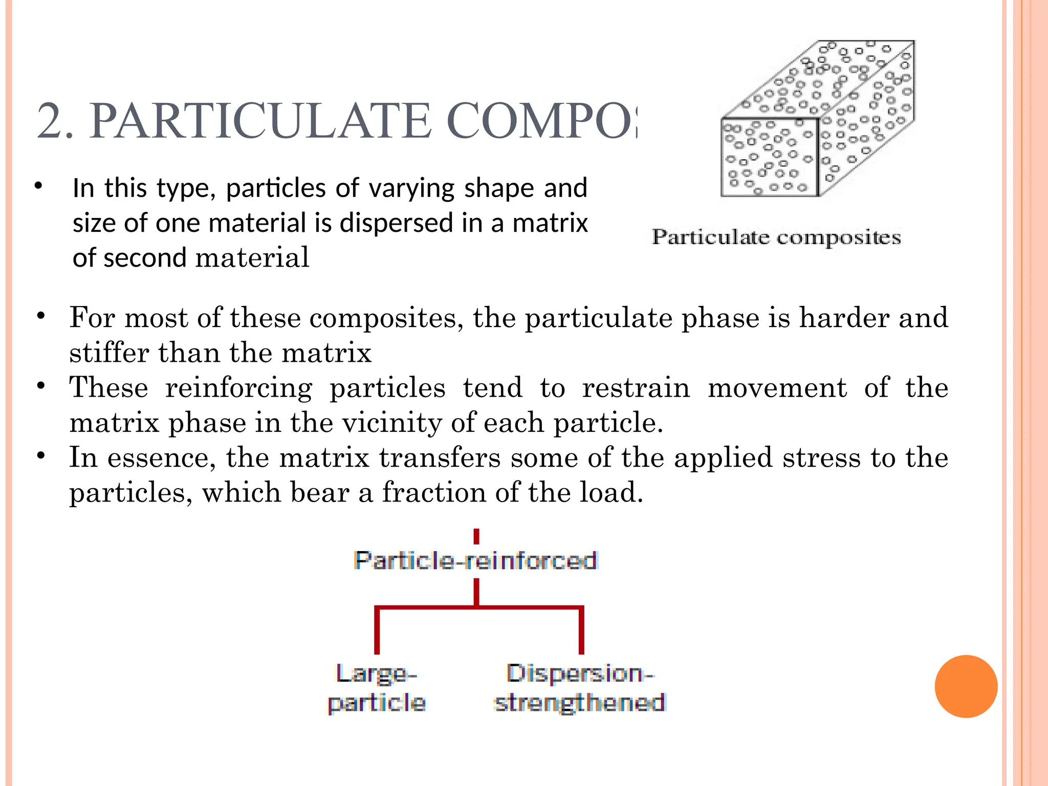 2. PARTICULATE COMPOSITE
• In this type, particles of varying shape and
size of one material is dispersed in a matrix
of second material
• For most of these composites, the particulate phase is harder and
stiffer than the matrix
• These reinforcing particles tend to restrain movement of the
matrix phase in the vicinity of each particle.
• In essence, the matrix transfers some of the applied stress to the
particles, which bear a fraction of the load.
 
