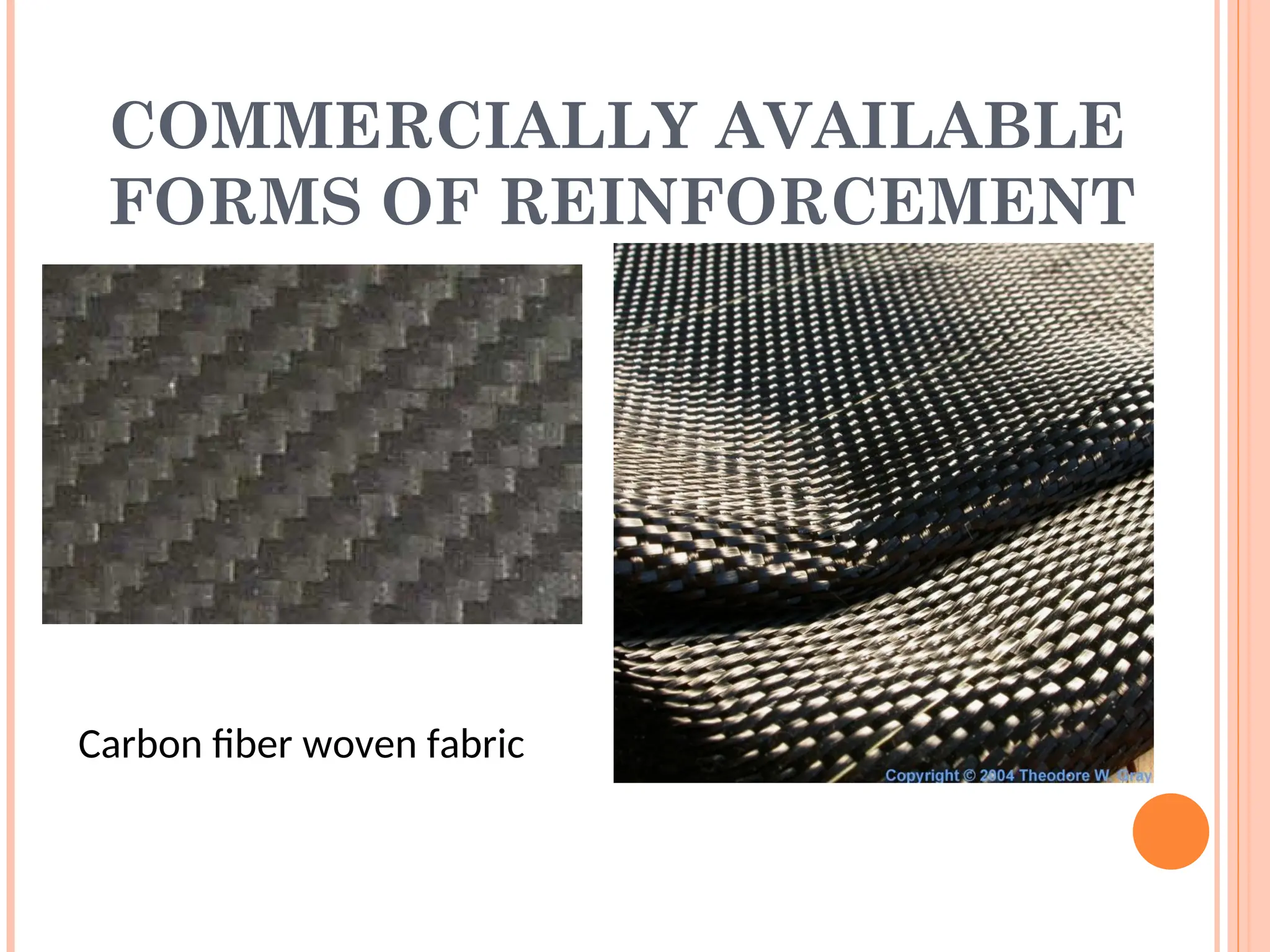 COMMERCIALLY AVAILABLE
FORMS OF REINFORCEMENT
Carbon fiber woven fabric
 