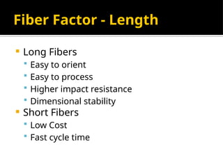 Fiber Factor - Length
 Long Fibers
 Easy to orient
 Easy to process
 Higher impact resistance
 Dimensional stability
 Short Fibers
 Low Cost
 Fast cycle time
 