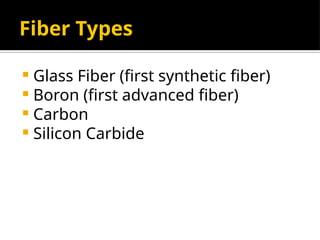 Fiber Types
 Glass Fiber (first synthetic fiber)
 Boron (first advanced fiber)
 Carbon
 Silicon Carbide
 