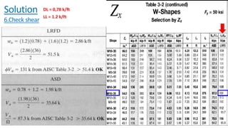 Solution
6.Check shear
DL = 0,78 k/ft
LL = 1.2 k/ft
 