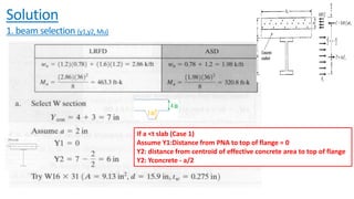 Solution
1. beam selection (y1,y2,Mu)
If a <t slab (Case 1)
Assume Y1:Distance from PNA to top of flange = 0
Y2: distance from centroid of effective concrete area to top of flange
Y2: Yconcrete - a/2
 