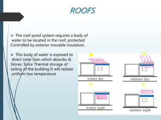 ROOFS
 The roof pond system requires a body of
water to be located in the roof, protected
Controlled by exterior movable insulation .
 This body of water is exposed to
direct solar Gain which absorbs &
Stores. Since Thermal storage of
ceiling of the building It will radiate
uniform low temperature
 