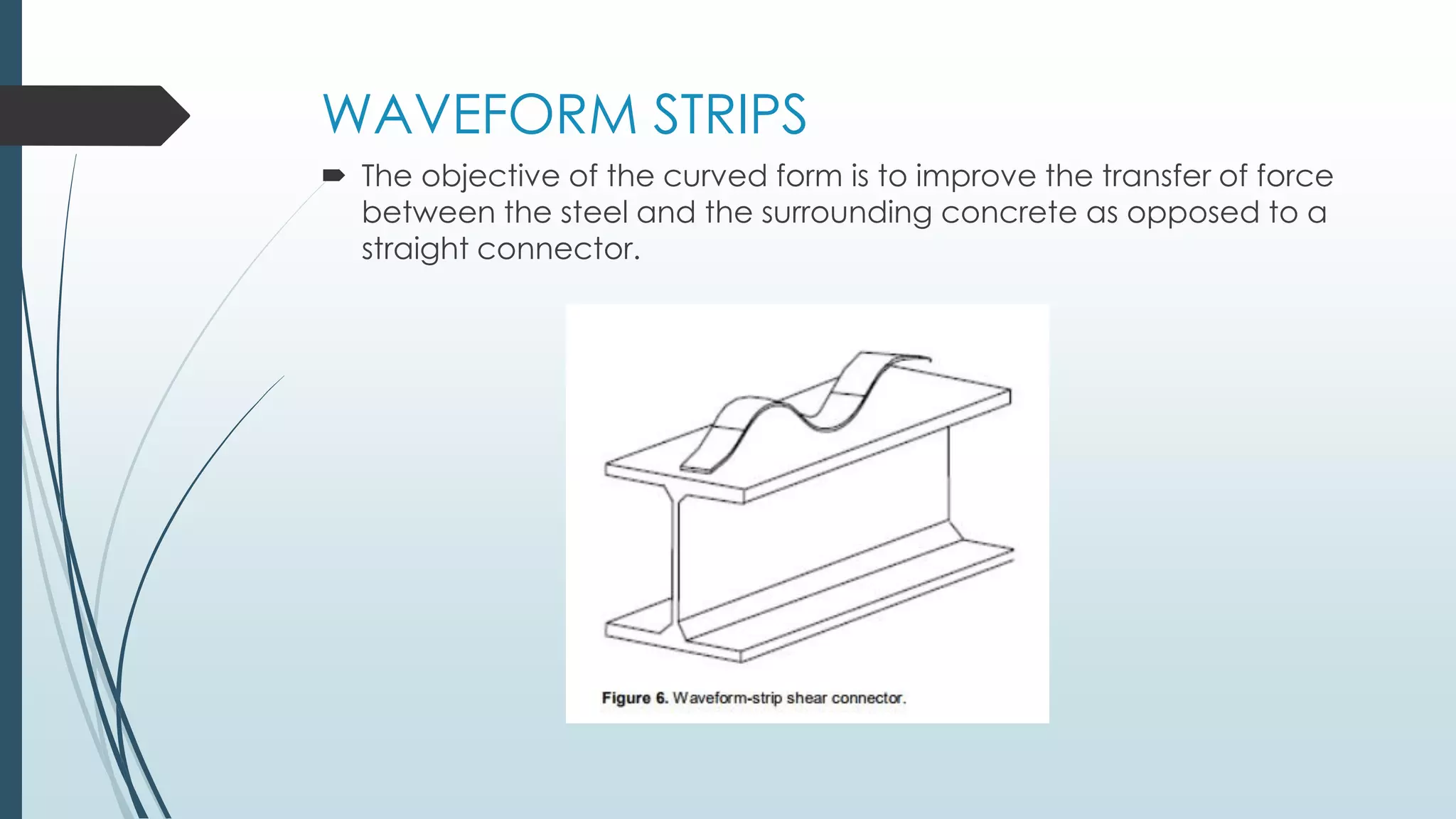 WAVEFORM STRIPS
 The objective of the curved form is to improve the transfer of force
between the steel and the surrounding concrete as opposed to a
straight connector.
 