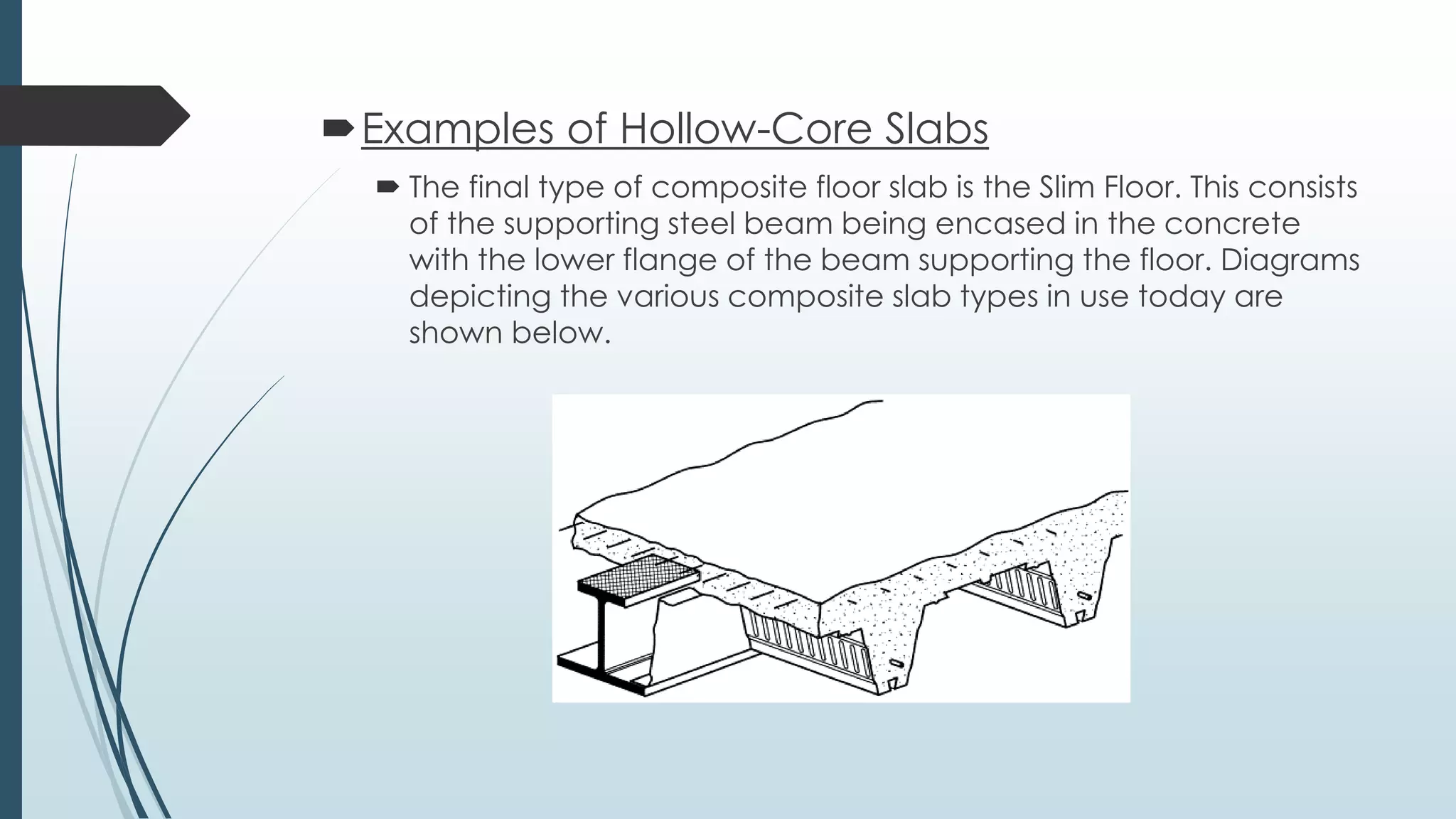 Examples of Hollow-Core Slabs
 The final type of composite floor slab is the Slim Floor. This consists
of the supporting steel beam being encased in the concrete
with the lower flange of the beam supporting the floor. Diagrams
depicting the various composite slab types in use today are
shown below.
 