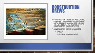 CONSTRUCTION
CREWS
• CONSTRUCTION CREWS ARE RESOURCES,
SELECTED AND GROUPED TOGETHER FOR
THE PURPOSE OF PERFORMING SPECIFIC
CONSTRUCTION TASKS/ACTIVITIES.
• CONSTRUCTION CREWS RESOURCES:
• LABOUR
• CONSTRUCTION EQUIPMENT
 
