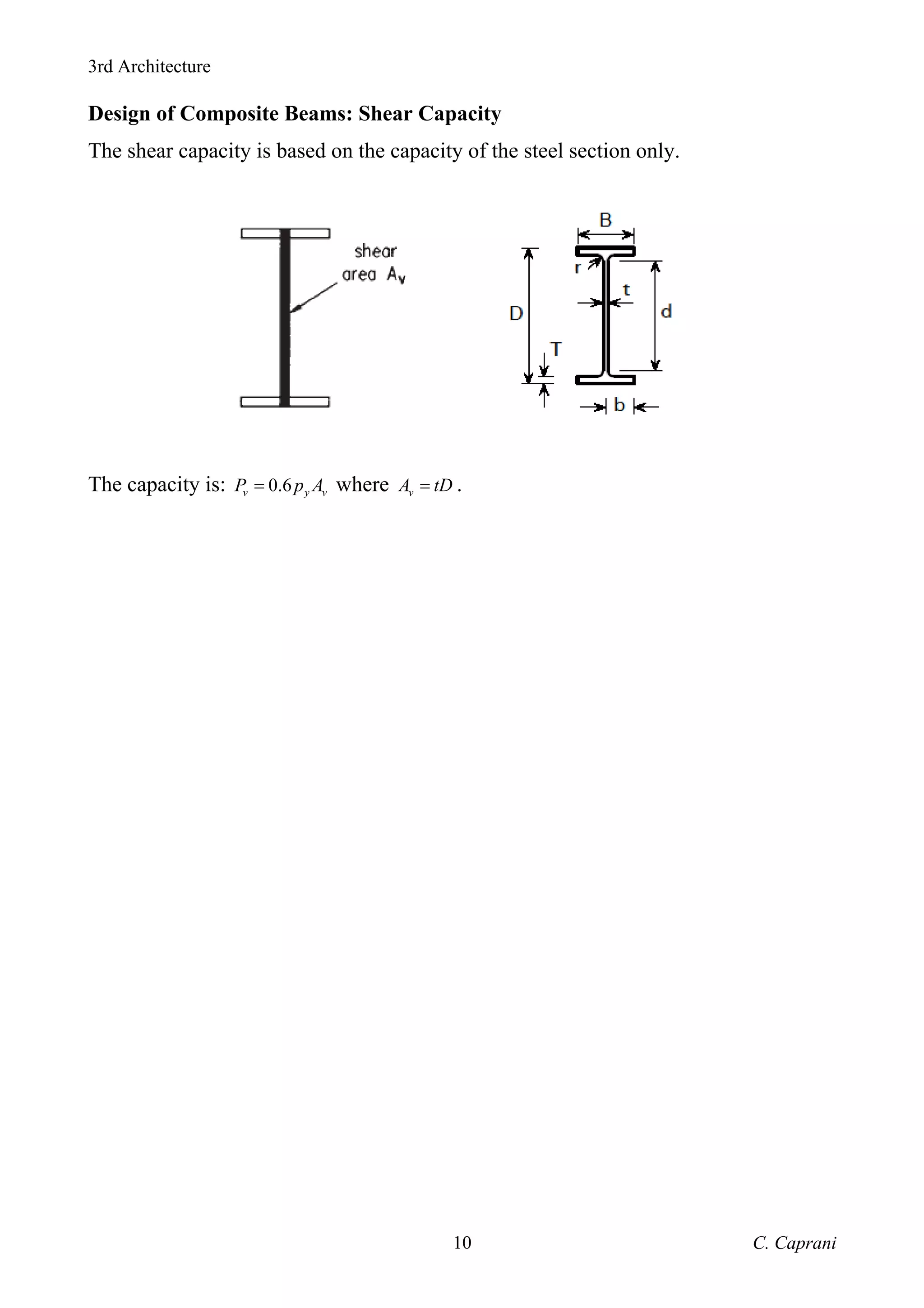 3rd Architecture
C. Caprani
10
Design of Composite Beams: Shear Capacity
The shear capacity is based on the capacity of the steel section only.
The capacity is: 0.6
v y v
P p A
= where v
A tD
= .
 