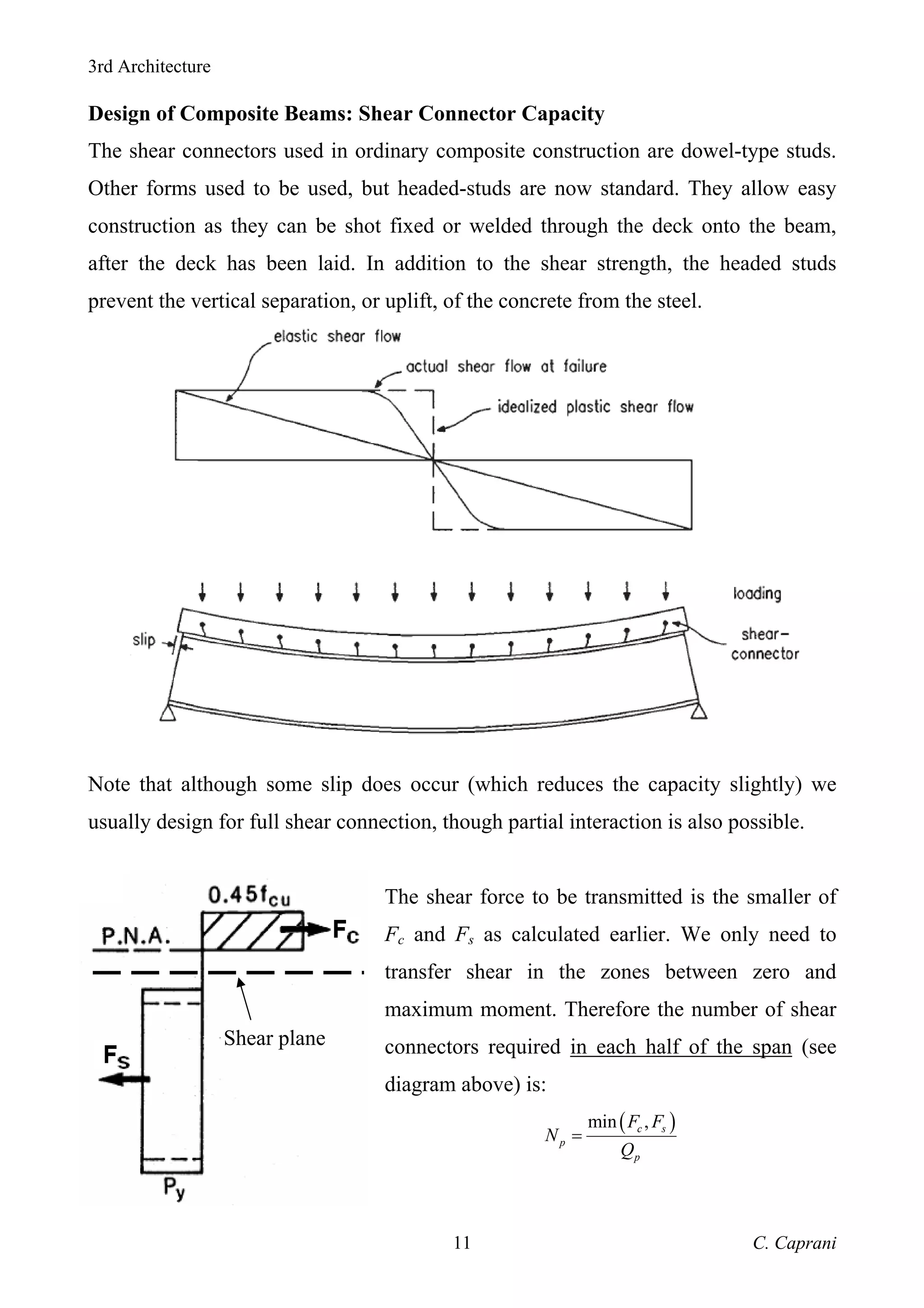 3rd Architecture
C. Caprani
11
Shear plane
Design of Composite Beams: Shear Connector Capacity
The shear connectors used in ordinary composite construction are dowel-type studs.
Other forms used to be used, but headed-studs are now standard. They allow easy
construction as they can be shot fixed or welded through the deck onto the beam,
after the deck has been laid. In addition to the shear strength, the headed studs
prevent the vertical separation, or uplift, of the concrete from the steel.
Note that although some slip does occur (which reduces the capacity slightly) we
usually design for full shear connection, though partial interaction is also possible.
The shear force to be transmitted is the smaller of
Fc and Fs as calculated earlier. We only need to
transfer shear in the zones between zero and
maximum moment. Therefore the number of shear
connectors required in each half of the span (see
diagram above) is:
( )
min ,
c s
p
p
F F
N
Q
=
 