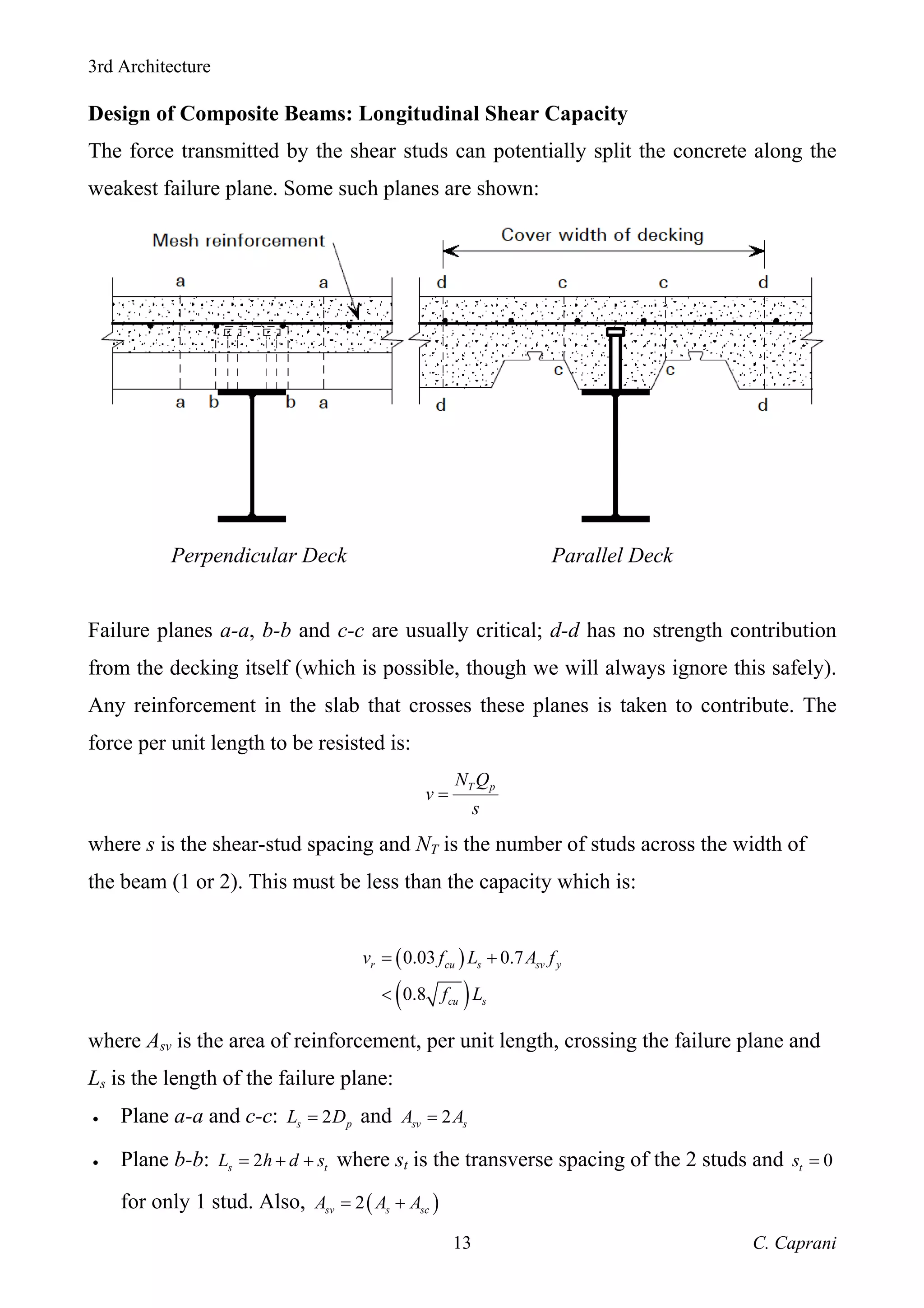 3rd Architecture
C. Caprani
13
Design of Composite Beams: Longitudinal Shear Capacity
The force transmitted by the shear studs can potentially split the concrete along the
weakest failure plane. Some such planes are shown:
Perpendicular Deck Parallel Deck
Failure planes a-a, b-b and c-c are usually critical; d-d has no strength contribution
from the decking itself (which is possible, though we will always ignore this safely).
Any reinforcement in the slab that crosses these planes is taken to contribute. The
force per unit length to be resisted is:
T p
N Q
v
s
=
where s is the shear-stud spacing and NT is the number of studs across the width of
the beam (1 or 2). This must be less than the capacity which is:
( )
( )
0.03 0.7
0.8
r cu s sv y
cu s
v f L A f
f L
= +
<
where Asv is the area of reinforcement, per unit length, crossing the failure plane and
Ls is the length of the failure plane:
• Plane a-a and c-c: 2
s p
L D
= and 2
sv s
A A
=
• Plane b-b: 2
s t
L h d s
= + + where st is the transverse spacing of the 2 studs and 0
t
s =
for only 1 stud. Also, ( )
2
sv s sc
A A A
= +
 
