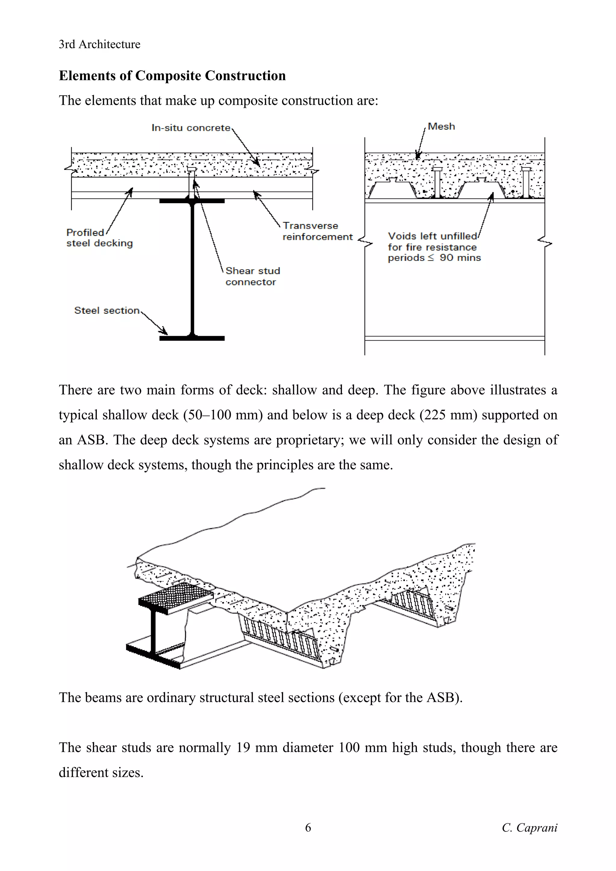 3rd Architecture
C. Caprani
6
Elements of Composite Construction
The elements that make up composite construction are:
There are two main forms of deck: shallow and deep. The figure above illustrates a
typical shallow deck (50–100 mm) and below is a deep deck (225 mm) supported on
an ASB. The deep deck systems are proprietary; we will only consider the design of
shallow deck systems, though the principles are the same.
The beams are ordinary structural steel sections (except for the ASB).
The shear studs are normally 19 mm diameter 100 mm high studs, though there are
different sizes.
 