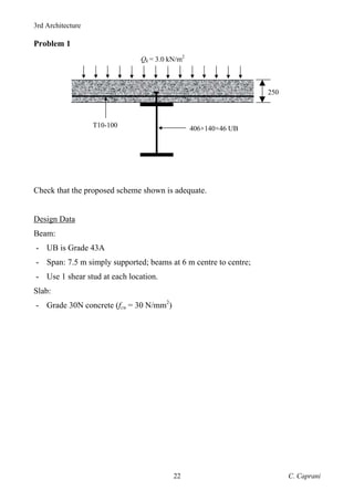 3rd Architecture
C. Caprani
22
Problem 1
Check that the proposed scheme shown is adequate.
Design Data
Beam:
- UB is Grade 43A
- Span: 7.5 m simply supported; beams at 6 m centre to centre;
- Use 1 shear stud at each location.
Slab:
- Grade 30N concrete (fcu = 30 N/mm2
)
250
406×140×46 UB
T10-100
Qk = 3.0 kN/m2
 