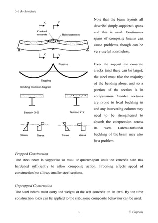 3rd Architecture
C. Caprani
5
Note that the beam layouts all
describe simply-supported spans
and this is usual. Continuous
spans of composite beams can
cause problems, though can be
very useful nonetheless.
Over the support the concrete
cracks (and these can be large);
the steel must take the majority
of the bending alone, and so a
portion of the section is in
compression. Slender sections
are prone to local buckling in
and any intervening column may
need to be strengthened to
absorb the compression across
its web. Lateral-torsional
buckling of the beam may also
be a problem.
Propped Construction
The steel beam is supported at mid- or quarter-span until the concrete slab has
hardened sufficiently to allow composite action. Propping affects speed of
construction but allows smaller steel sections.
Unpropped Construction
The steel beams must carry the weight of the wet concrete on its own. By the time
construction loads can be applied to the slab, some composite behaviour can be used.
 