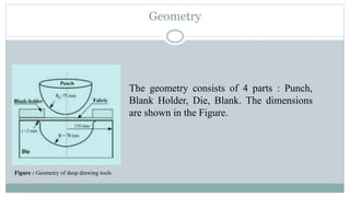 Geometry
Figure : Geometry of deep drawing tools
The geometry consists of 4 parts : Punch,
Blank Holder, Die, Blank. The dimensions
are shown in the Figure.
 
