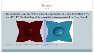 Results
 The simulation is applied for two initial fiber orientations of E-glass fiber fabric, 0˚/90˚
and -45˚/+45˚. The final shape of the draped fabric is compared with the Tabiei’s result.
 Comparison of draped shapes for 0˚/90˚ orientation a) Tabiei’s result [3] b) Simulation result
 