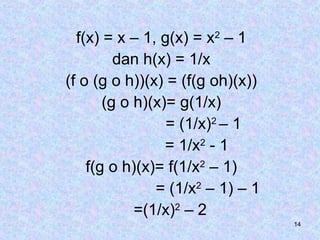 14
f(x) = x – 1, g(x) = x2
– 1
dan h(x) = 1/x
(f o (g o h))(x) = (f(g oh)(x))
(g o h)(x)= g(1/x)
= (1/x)2
– 1
= 1/x2
- 1
f(g o h)(x)= f(1/x2
– 1)
= (1/x2
– 1) – 1
=(1/x)2
– 2
 