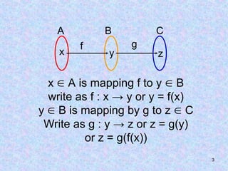 3
x  A is mapping f to y  B
write as f : x → y or y = f(x)
y  B is mapping by g to z  C
Write as g : y → z or z = g(y)
or z = g(f(x))
A
x
C
z
B
y
f g
 