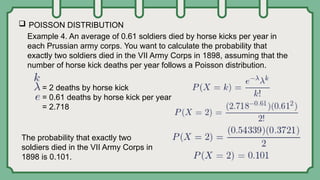  POISSON DISTRIBUTION
Example 4. An average of 0.61 soldiers died by horse kicks per year in
each Prussian army corps. You want to calculate the probability that
exactly two soldiers died in the VII Army Corps in 1898, assuming that the
number of horse kick deaths per year follows a Poisson distribution.
= 2 deaths by horse kick
= 0.61 deaths by horse kick per year
= 2.718
The probability that exactly two
soldiers died in the VII Army Corps in
1898 is 0.101.
 