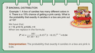  BINOMIAL DISTRIBUTION
Example 1: A box of candies has many different colors in
it. There is a 15% chance of getting a pink candy. What is
the probability that exactly 4 candies in a box are pink out
of 10?
We have that:
n = 10, p=0.15, q=0.85, r=4
When we replace in the formula:
Interpretation: The probability that exactly 4 candies in a box are pink is
0.04.
𝑃 (4)=
10 !
4!(10− 4)!
0.15
4
(1−0.15)
10 − 4
=0.04
 