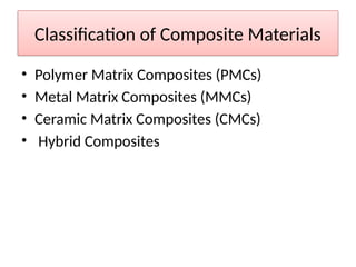 Classification of Composite Materials
• Polymer Matrix Composites (PMCs)
• Metal Matrix Composites (MMCs)
• Ceramic Matrix Composites (CMCs)
• Hybrid Composites
 